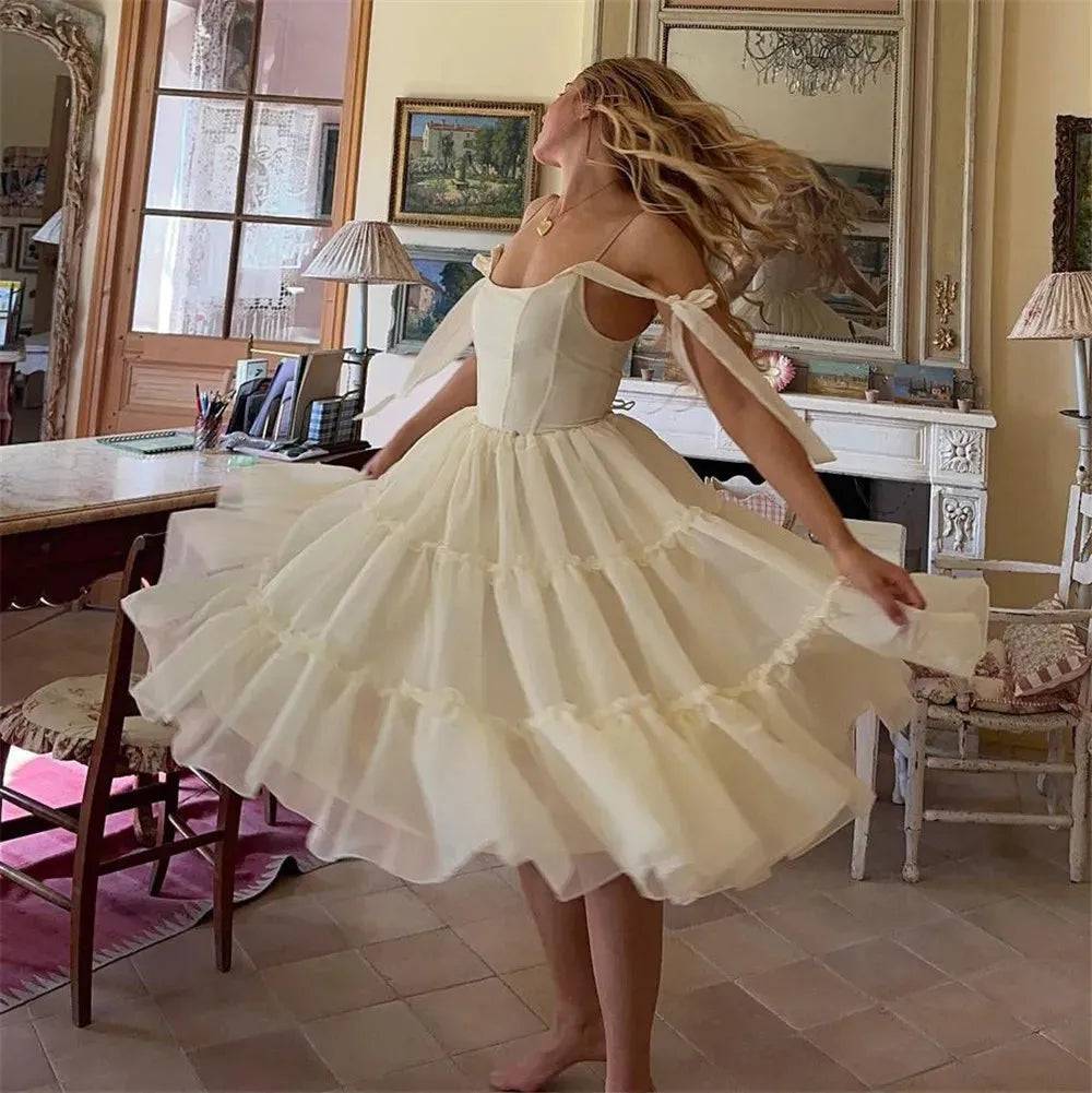 Romige Organza Prom Jurken Off The Shoulder Met Strik Gelaagde Formele