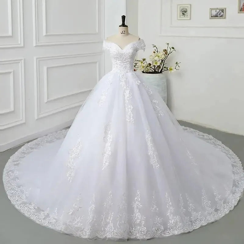 Off The Shoulder Wedding Dress light Appliques Pearls Lace Fashion Wholesale Simple Bride Dress Vestidos De Novia Ivory
