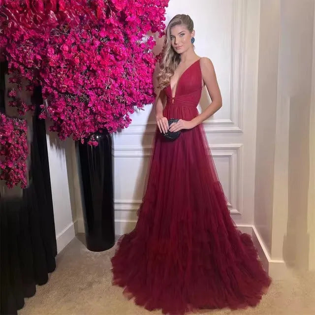 Burgundy Pleated Tulle Prom Party Dresses Sexy Backless V-Neck Layered Skirt Long Women Evening Gowns Formal Dress