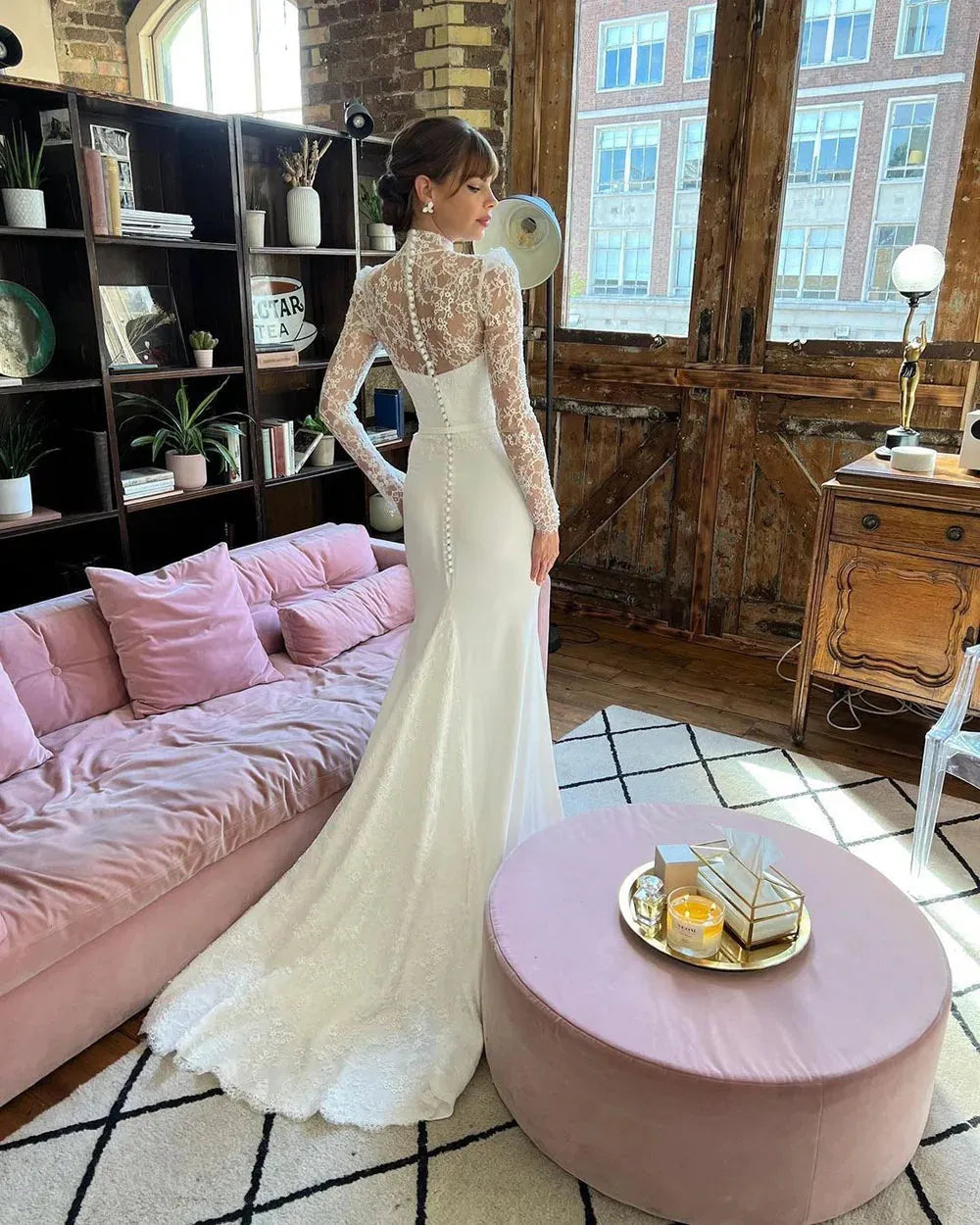 High Neck Modern Mermaid Wedding Dresses Lace Long Sleeves Satin Illusion Bridal Gown With Button Vestidos De Noiva