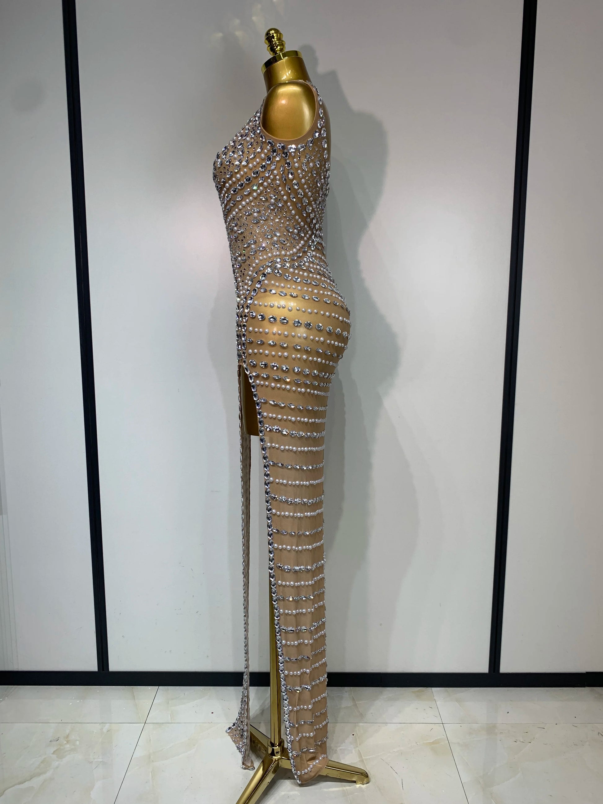 Women Sexy Sparkly Diamonds High Split Maxi Dresss Mesh See Through V Neck Performance Singer Costume Luxury Birthday Vestido