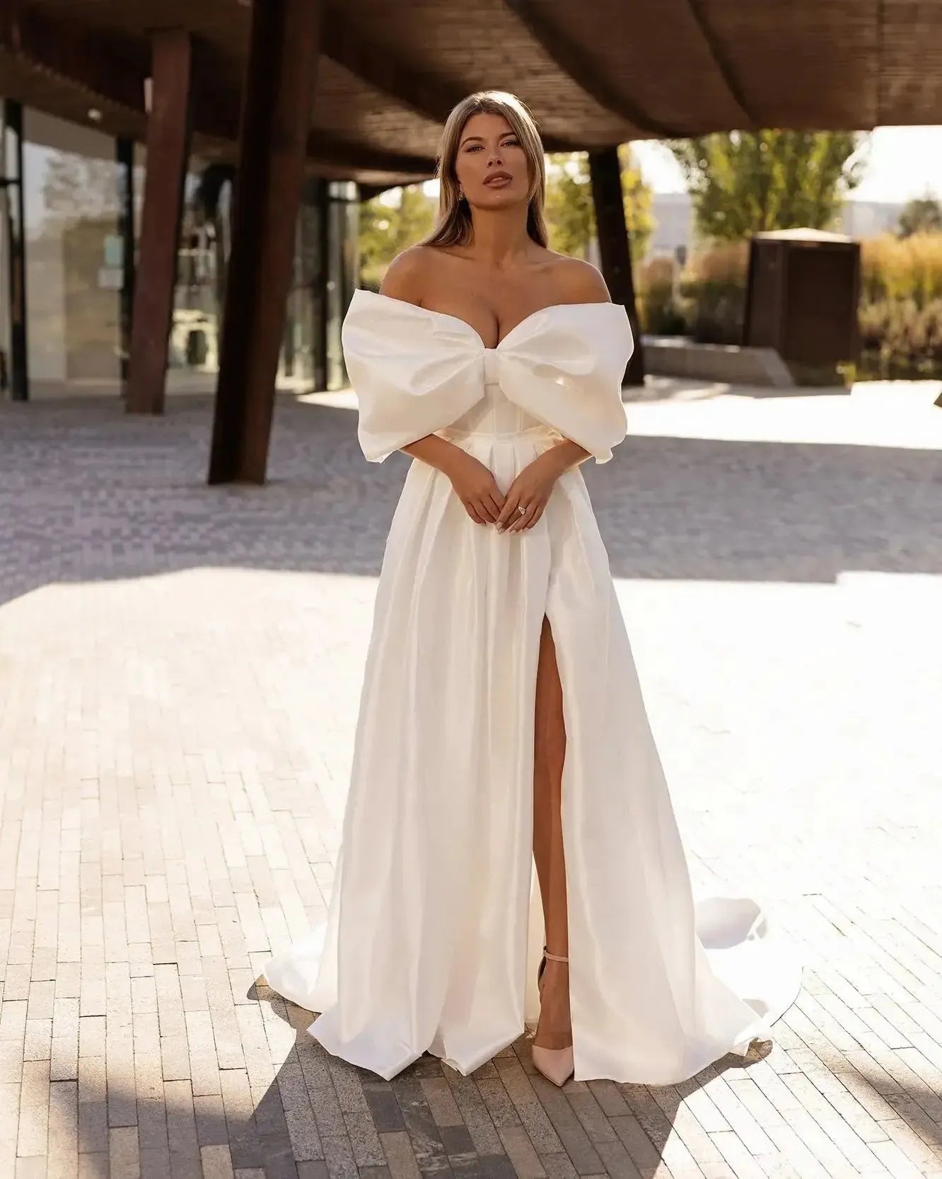 Elegant Off the Shoulder Side Slit Satin Bridal Dress Sexy Bow Sweetheart A-Line Long Wedding Dresses Vestido De Novia