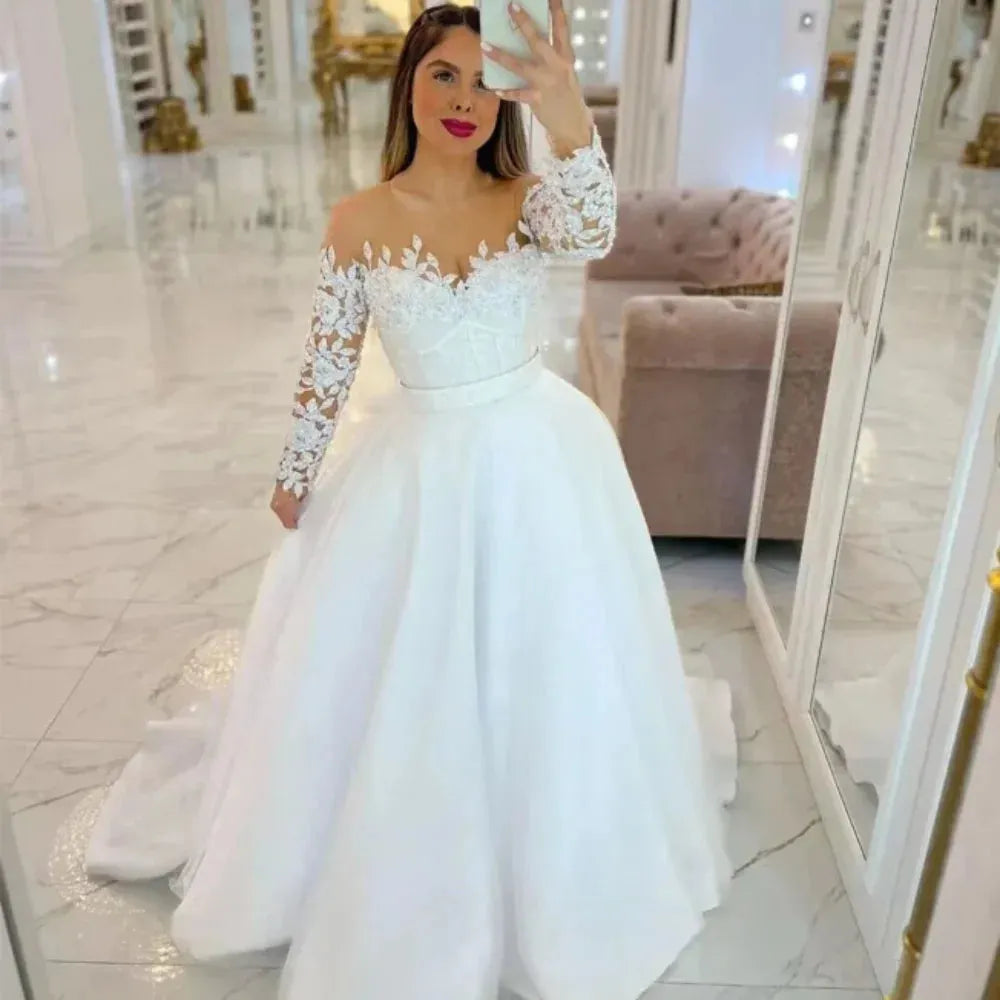 Plus Size Simple Satin Off Shoulder Long Sleeves Wedding Dresses Appliques Sweetheart Neck Bridal Gowns Custom Robe De Mariée
