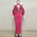 Elegant Women'S Spaghetti Strap Bandage Long Dress Luxury Diamonds Sexy Backless Tight Maxi Dress Celebrity Evening Party Gowns Rose Red