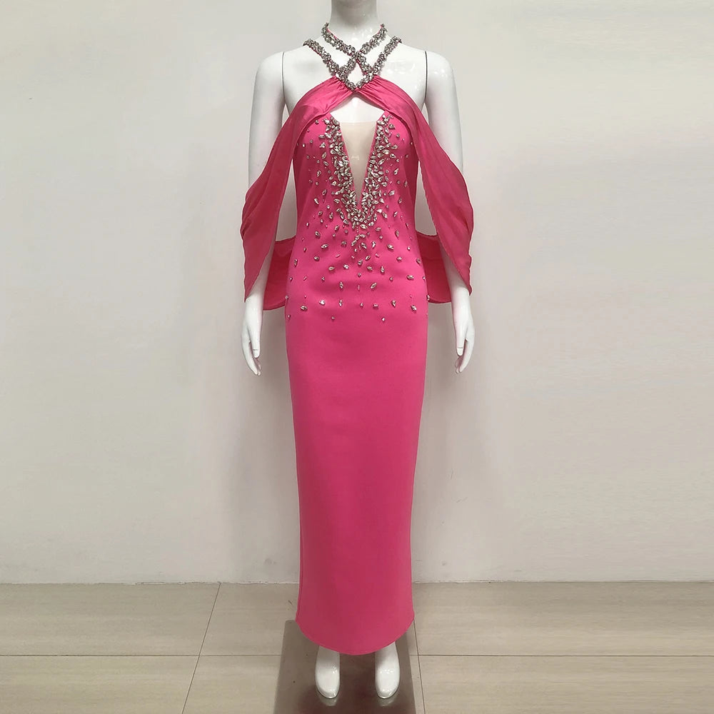 Elegant Women'S Spaghetti Strap Bandage Long Dress Luxury Diamonds Sexy Backless Tight Maxi Dress Celebrity Evening Party Gowns Rose Red