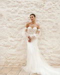 Boho Mermaid Wedding Dresses With Detachable Sleeves Sweetheart Corset Lace Appliques Wedding Gowns Elegant Bride Dress