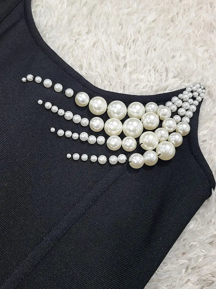 Women Black Strapless Pearl Bead Bandage Bodycon Maxi Dress 2025 Elegant Evening Party Gowns Vestido
