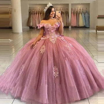 Glittering Off-Shoulder Quinceanera Dress Flower Appliques Ball Gown Vestidos De 15 Birthday Party Gowns Corset Pink
