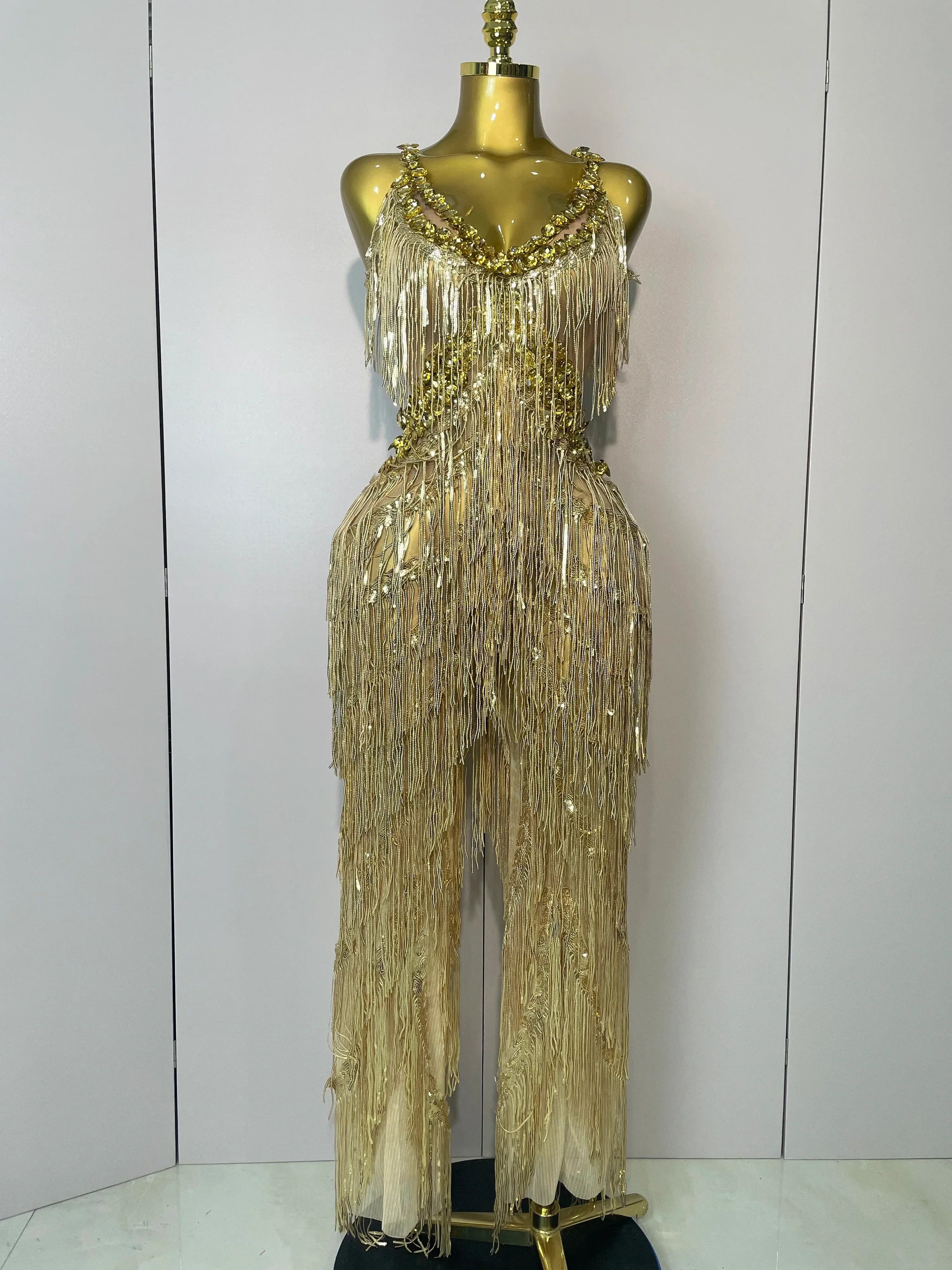 Shiny Gold Rhinestones Sequined Fringe Wide-leg jumpsuit