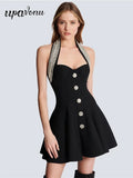 2025 Sexy Women's Light Luxury Nail Diamond Design Bandage Dress Hanging Neck Sleeveless A-line Bareback Mini Dress Vestidos