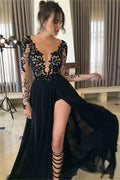 Black Lace Embroidery Prom Dresses V-Neck A-line Wedding Dress Elegant Long Sleeves Floor-Length Vestidos De Fiesta