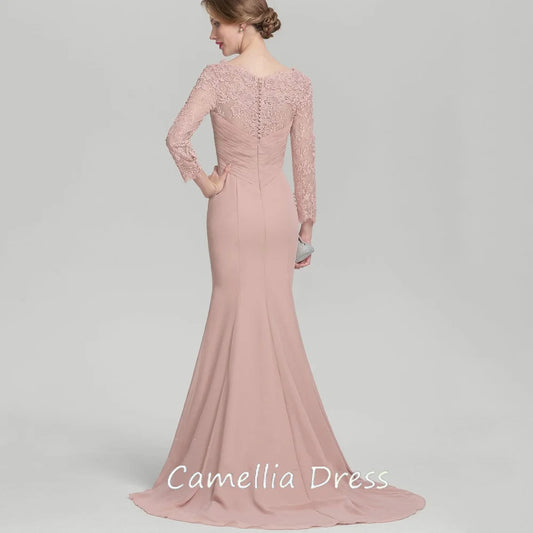 Elegant Customized A Line Chiffon Mother of Bride Dresses Mermaid Long Sleeve Formal Evening Gowns Lace Bridal Party Dress