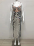 New Women Summer Sexy Backless Pearl Beads Diamonds Silver Sequin Midi Bodycon Dress 2025 Elegant Evening Party Gowns Vestido