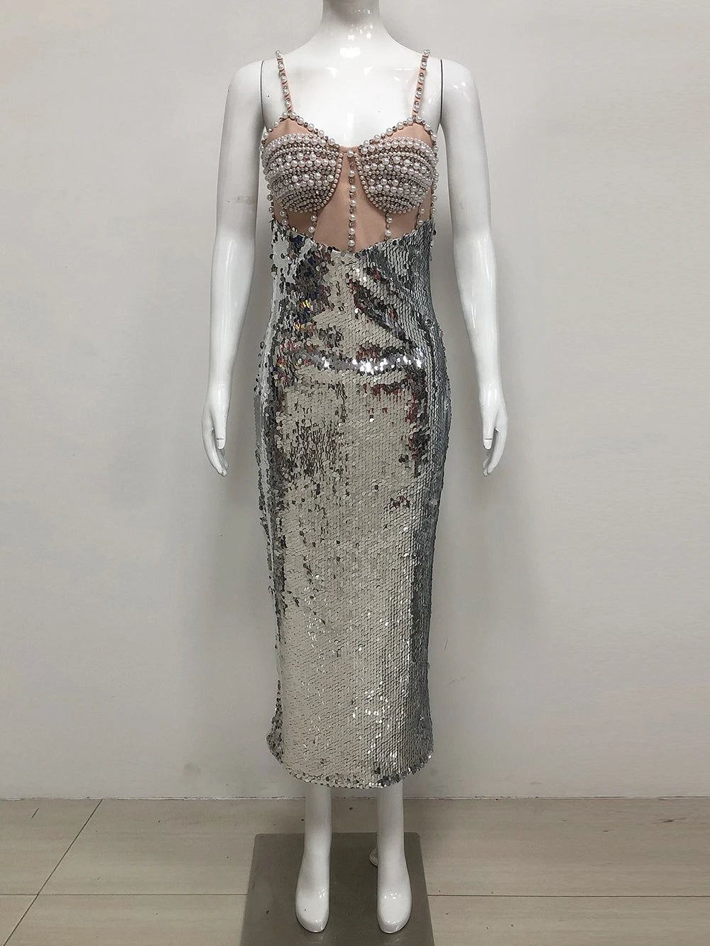 New Women Summer Sexy Backless Pearl Beads Diamonds Silver Sequin Midi Bodycon Dress 2025 Elegant Evening Party Gowns Vestido