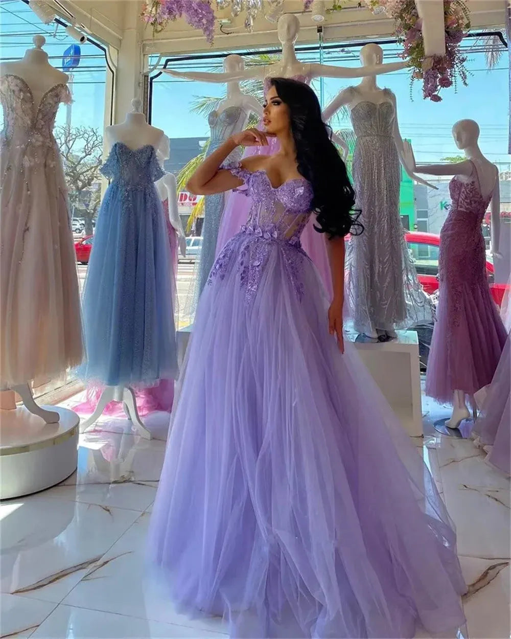Princess Off Shoulder A-line Prom Dress Sweetheart Tulle Vestidos De Noche Lavender 3D Flower