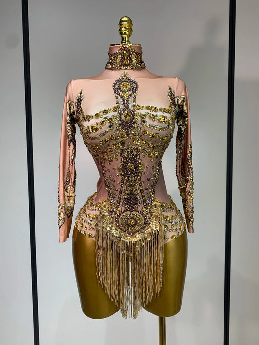 Sexy Sparkly Gold Rhinestones Tassel Bodysuit Women Celebrate Birthday Evening Party Nightclub Singer Performance Stage Costume Gold