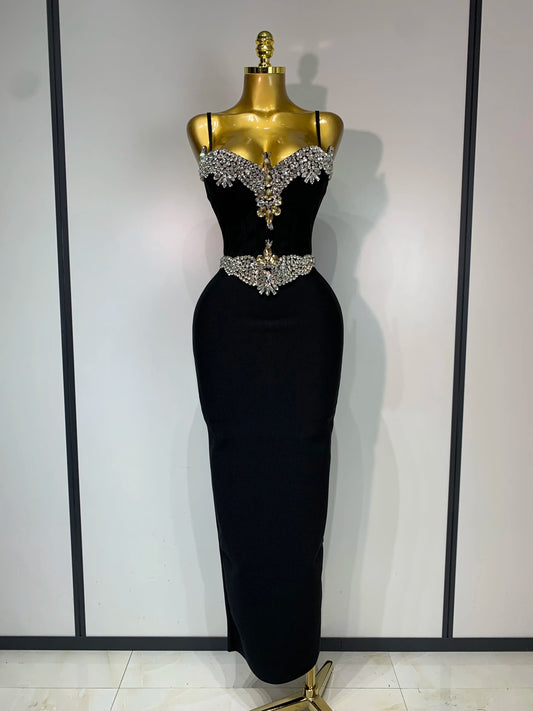 Women Celebrity Sexy Sleeveless Diamonds Maxi Long Bandage Bodycon Dress 2025 Elegant Evening Club Party Birthday Outfit black