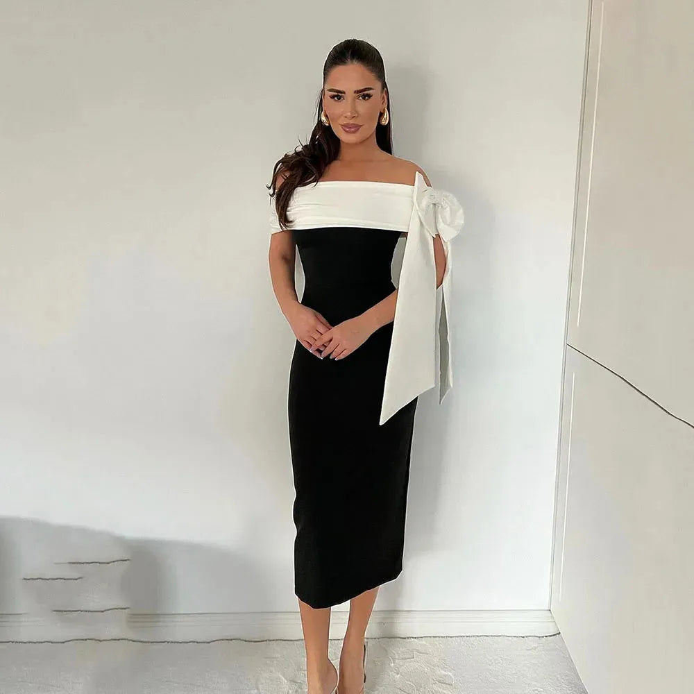 Abiti da ballo in crêpe con spalle scoperte e fiocco, abito da festa a