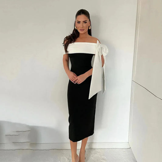 Off The Shoulder Crepe Prom Dresses With Bow Mermaid Party Gown Wedding Banquet Brithday Dress Special Occsion Gown Black