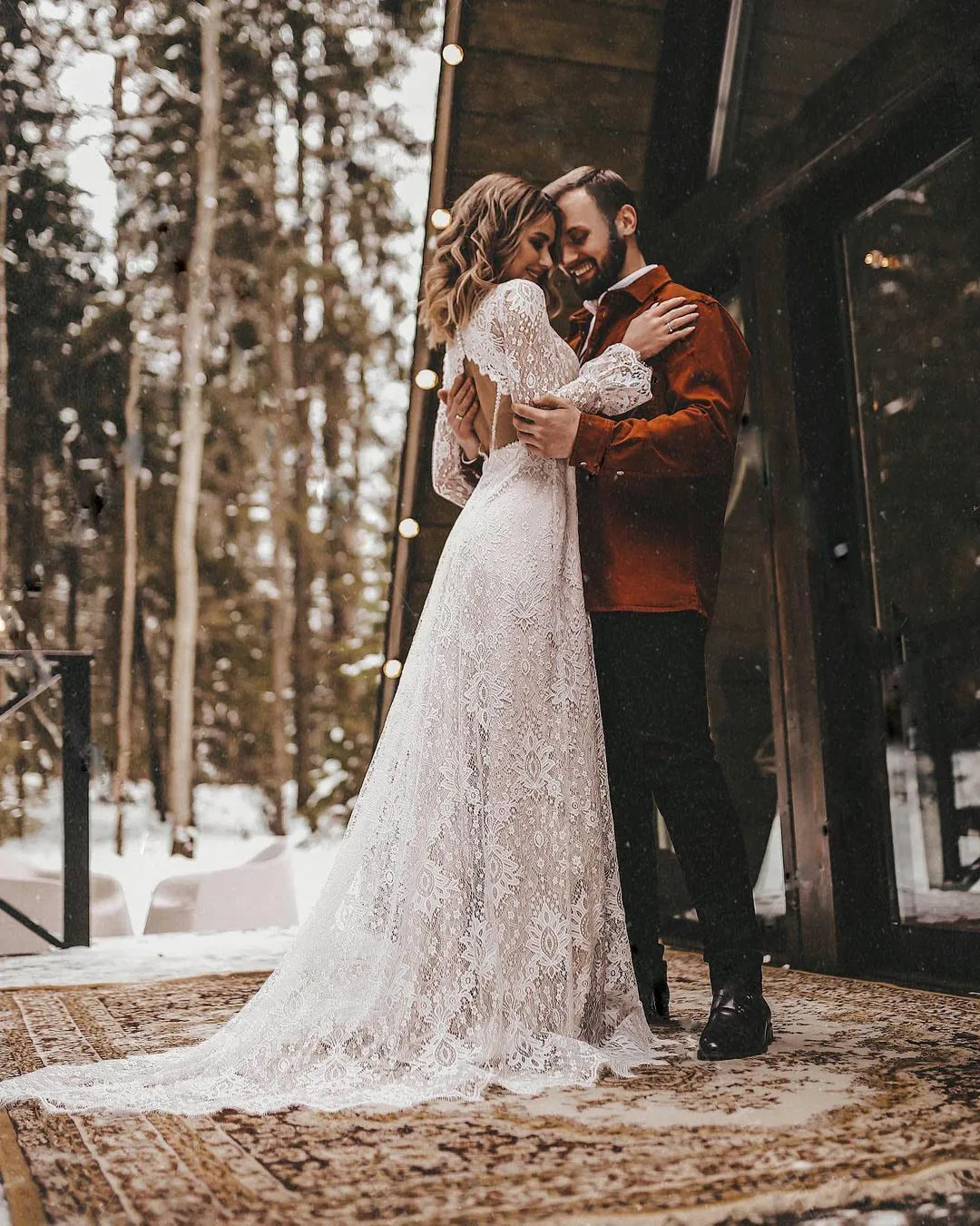 Long Sleeves Floral Lace V Neck Boho Wedding Dress Deep V Neck Open Back Modest Rustic Civil Bridal Gown