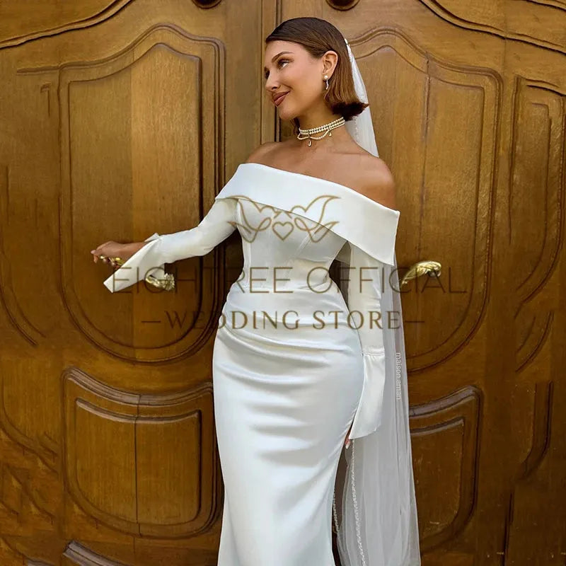White Mermaid Wedding Dresses Off The Shoulder Long Sleeve Bride Dress Boho Beach Simple Wedding Prom Gowns Custom Size