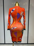 Women Sexy Long Sleeve Cartoon Print Short Dress Nightclub Performance Stage Costume Celebrity Evening Party Birthday Dress