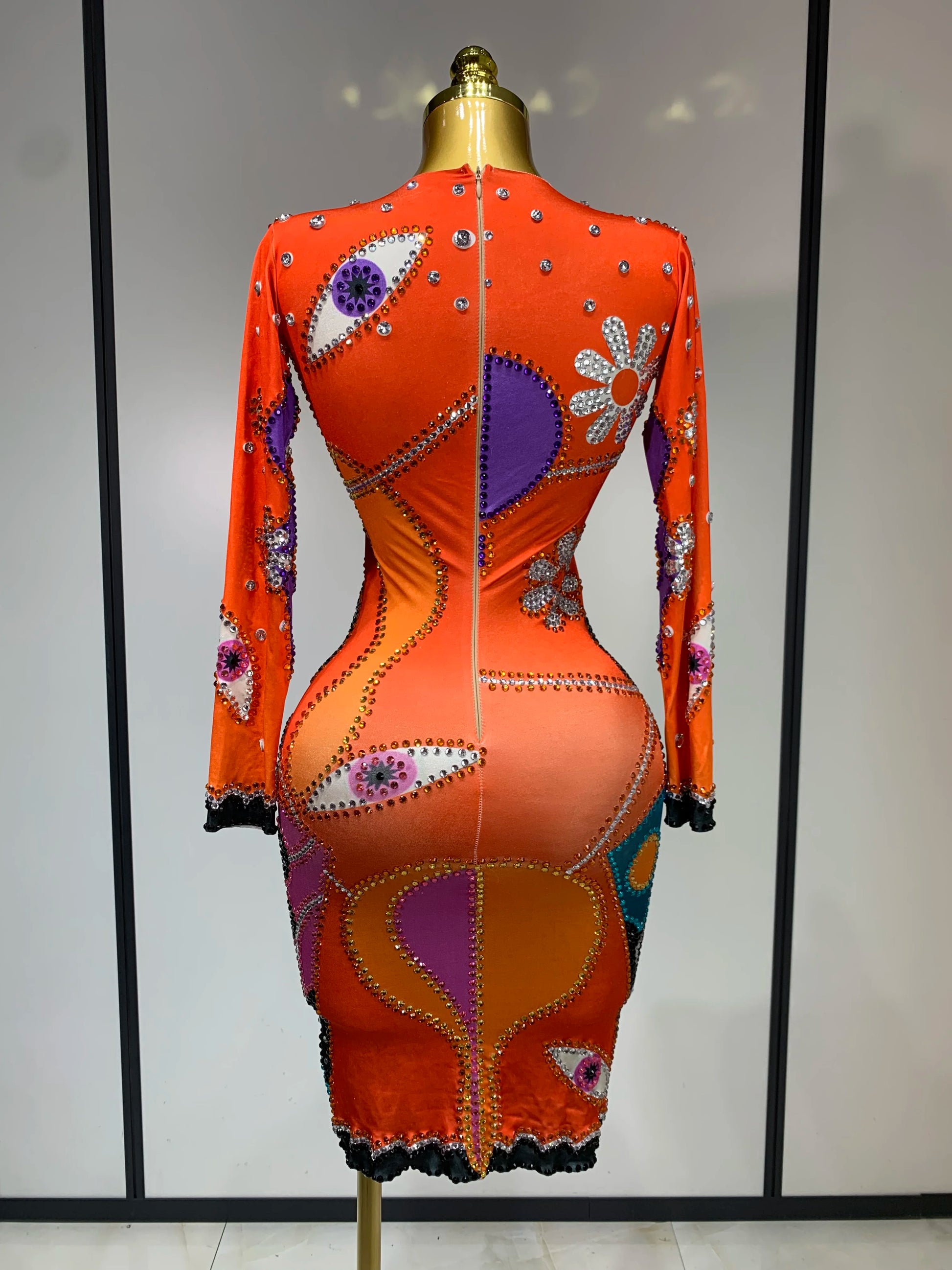 Women Sexy Long Sleeve Cartoon Print Short Dress Nightclub Performance Stage Costume Celebrity Evening Party Birthday Dress