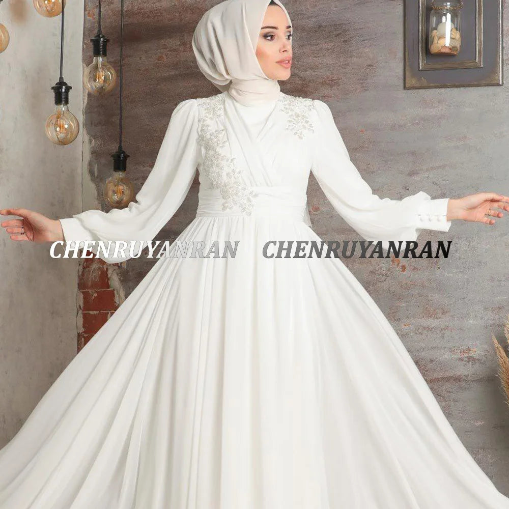 Muslim Wedding Party Gowns Lace Applique Beaded Chiffon Long Wedding Dresses For Women Full Sleeve Elegant vestido de novia