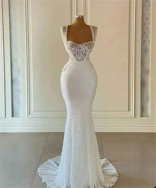 Chic Fashion Mermaid Wedding Dresses Bridal Gown Floor Length Lace Applique Sleeveless Sparkly Sequins Custom Robe De Mariée As Picture