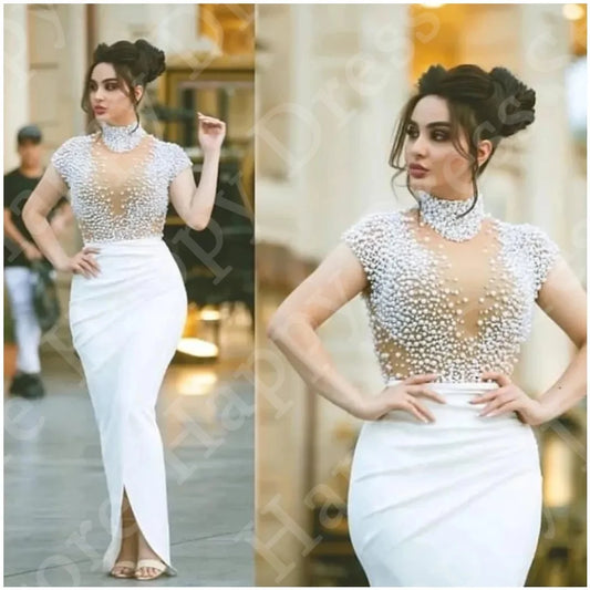 White Arabic Dubai Luxury Evening Dresses High Neck Beaded Pearls Short Cap Sleeves Sheath Formal Dress Wedding Party Dress