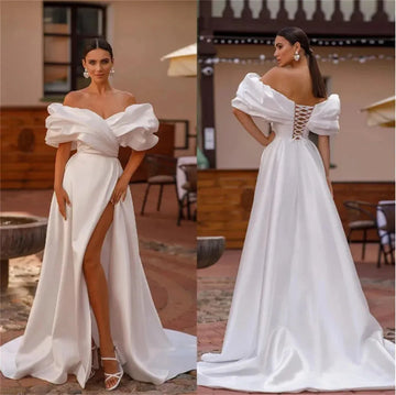Soft Satin Off Shoulder Wedding Dress For Woman Pearl Side Split Mermaid Bridal Gowns Bride Dresses Vestidos Novias Boda Ivory
