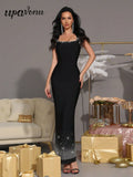 2025 Sexy Women'S Light Luxury Rhinestone Bandage Dress Camisole Sleeveless Bodycon Backless Black Long Dresses Party Vestidos