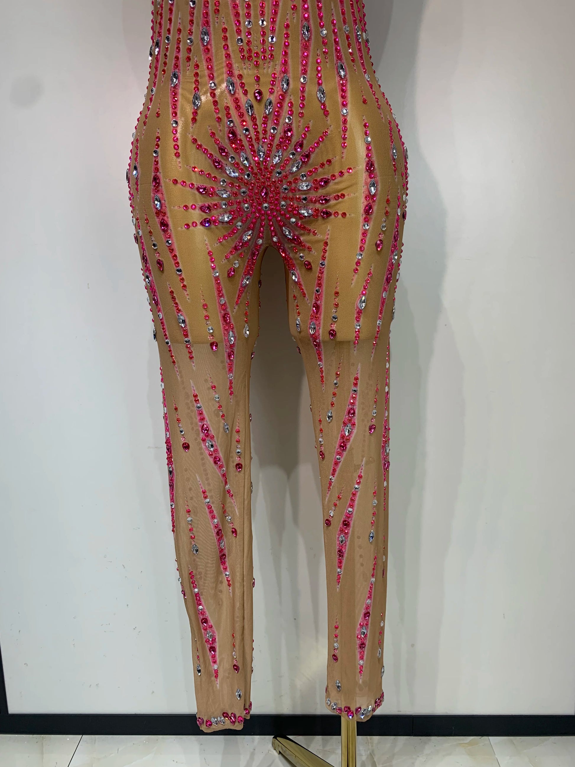 Sparkly Rhinestones Mesh See Through Jumpsuit Women Sexy Sleeveless Performance Dance Costume Birthday Nightclub Stage Outfit