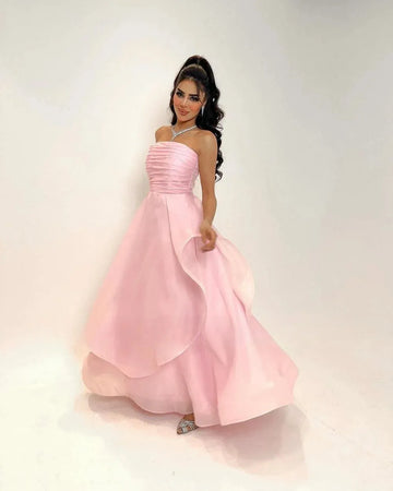 Amanda Strapless Organza Light Pink A-line Floor Lenght Prom Dress Sexy Sleeveless Crimping Prom Gown