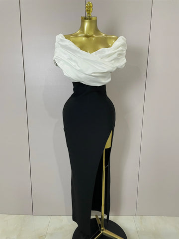 Sexy Off-Shoulder Side Slit Solid Color Pleat Skirt Strapless Bandage Women Evening Luxury Birthday Formal Party Dress WHITE