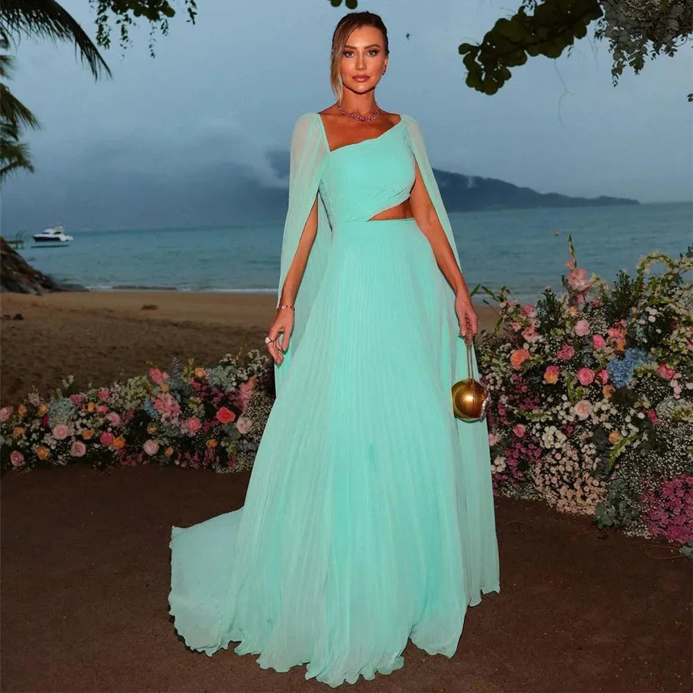 Elegant Mint Green Chiffon Prom Dress A-Line Long Cape Sleeves Floor L