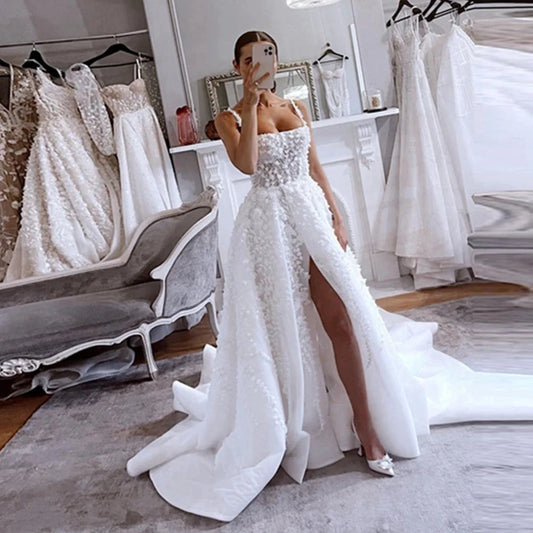 Luxury Women's Elegant Wedding Dresses 3D Decal Lace A-line Side Split Sexy Sleeveless Princess Bridal Gown Spaghetti Strap