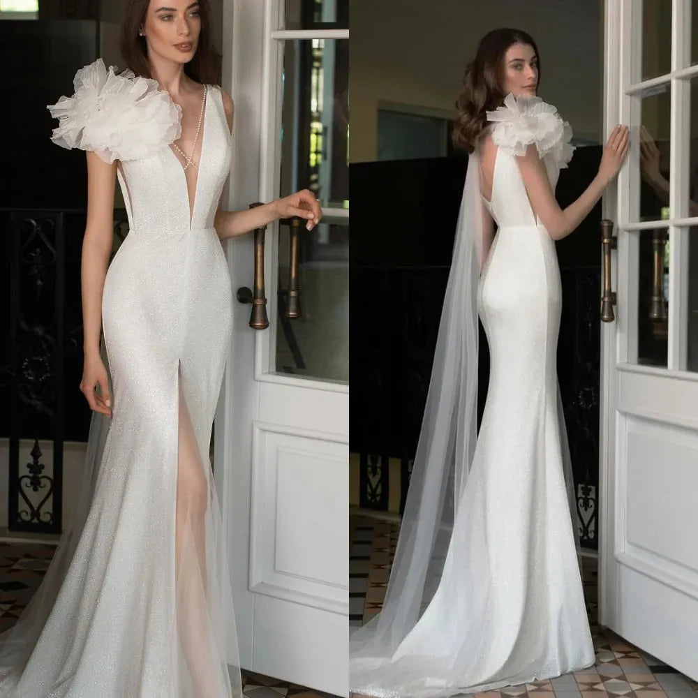 Prom V-neck Mermaid Wedding Party Beading Flower Net/Tulle As Picture