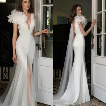 Prom V-neck Mermaid Wedding Party Beading Flower Net/Tulle As Picture