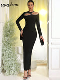 2025 Sexy Women's Light Luxury Hot Diamond Hollow Design Bandage Dress O-Neck Long Sleeve Bodycon Long Dress Club Party Vestidos