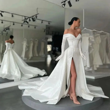 White Ivory Satin Long Wedding Dresses With Detachable Train Off Shoulder High Slit Buttons Gloves Evening Gowns White