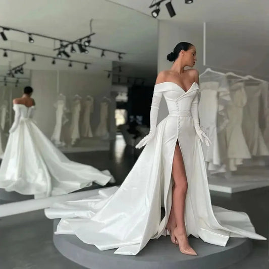 White Ivory Satin Long Wedding Dresses With Detachable Train Off Shoulder High Slit Buttons Gloves Evening Gowns White