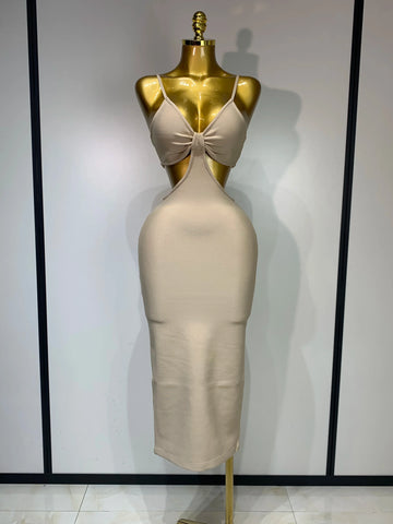 Women Sexy V Neck Backless Khaki Bodycon Bandage Dress Celebrity Elegant Evening Club Party Luxury Birthday Dress Khaki