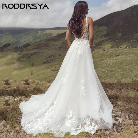 Romantic Backless Tulle Wedding Dresses Sleeveless Lace Applique vestido novia A Line Boho Bridal Gowns Custom Made