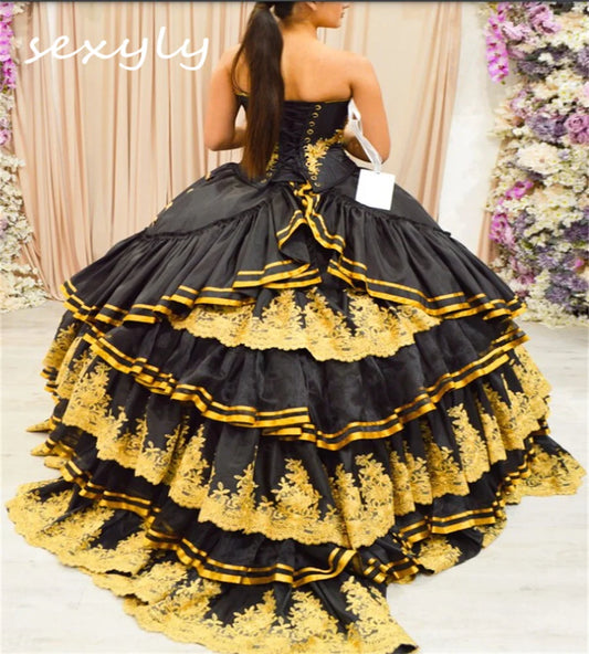 Luxury Black And Gold Vestidos De 15 Quinceañera Dress Mexican Charro Lace Vestidos De 15 Años Xv Para Birthday PartyCustomized