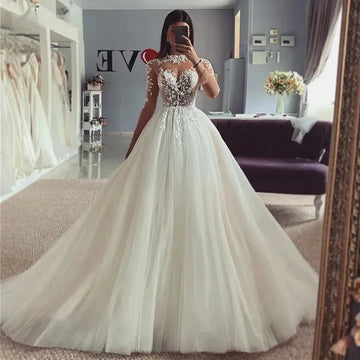 Long Sleeve Wedding Dresses A Line High Neck Bridal Dress Appliqued Lace Wedding Gowns White