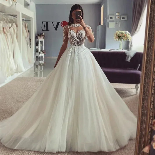 Long Sleeve Wedding Dresses A Line High Neck Bridal Dress Appliqued Lace Wedding Gowns White
