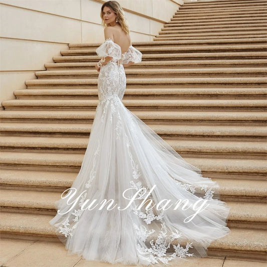 Yunshang Elegant Mermaid Wedding Dress Sweetheart Long Sleeve Lace Open Back Tulle Bridal Gown Sweep Train Vestido De Novia
