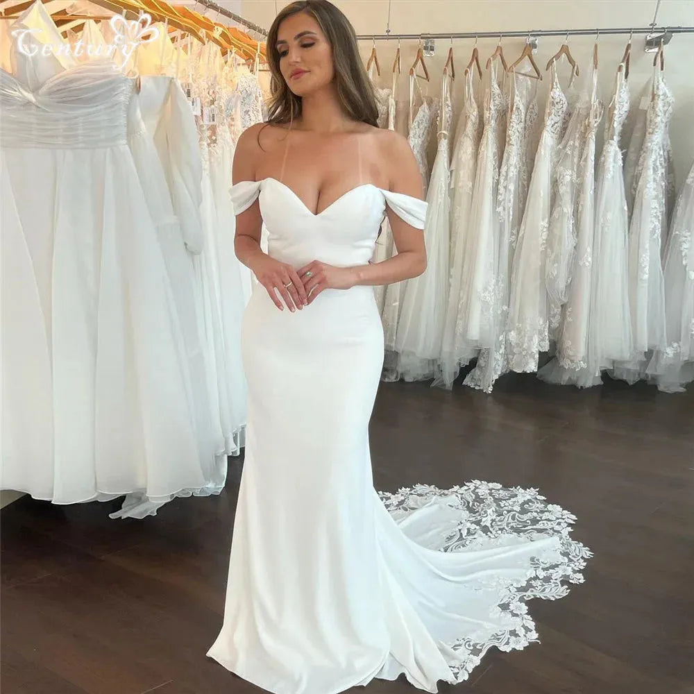 Casual Wedding Dress Mermaid Off Shoulder Lace Appliques Crepe Boho Bridal Gowns Elegant Bride Dresses Robe de Mariee White