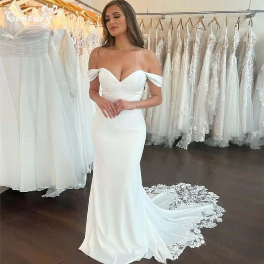 Casual Wedding Dress Mermaid Off Shoulder Lace Appliques Crepe Boho Bridal Gowns Elegant Bride Dresses Robe de Mariee White